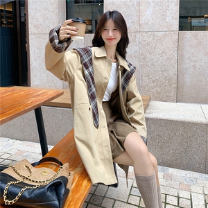 卡其色韩版慵懒风格子拼接可拆卸连帽风衣女秋季2025新款休闲外套图片