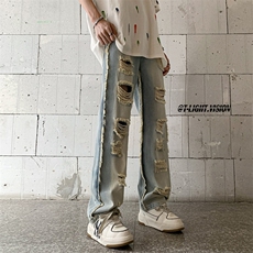 B221美式ins高街暗黑小众毛边破洞直筒牛仔裤LK23107-P65控88，男装牛仔裤，电商B221