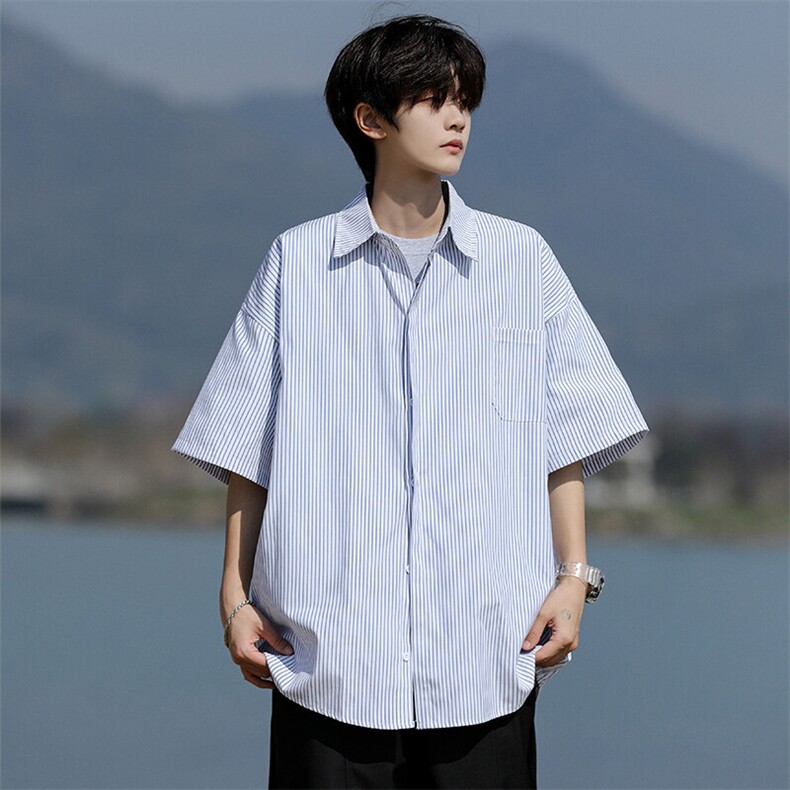 8XL-M条纹短袖衬衫男夏季宽松慵懒风痞帅大码衬衣外套DC28001P40,男装衬衫,电商B312