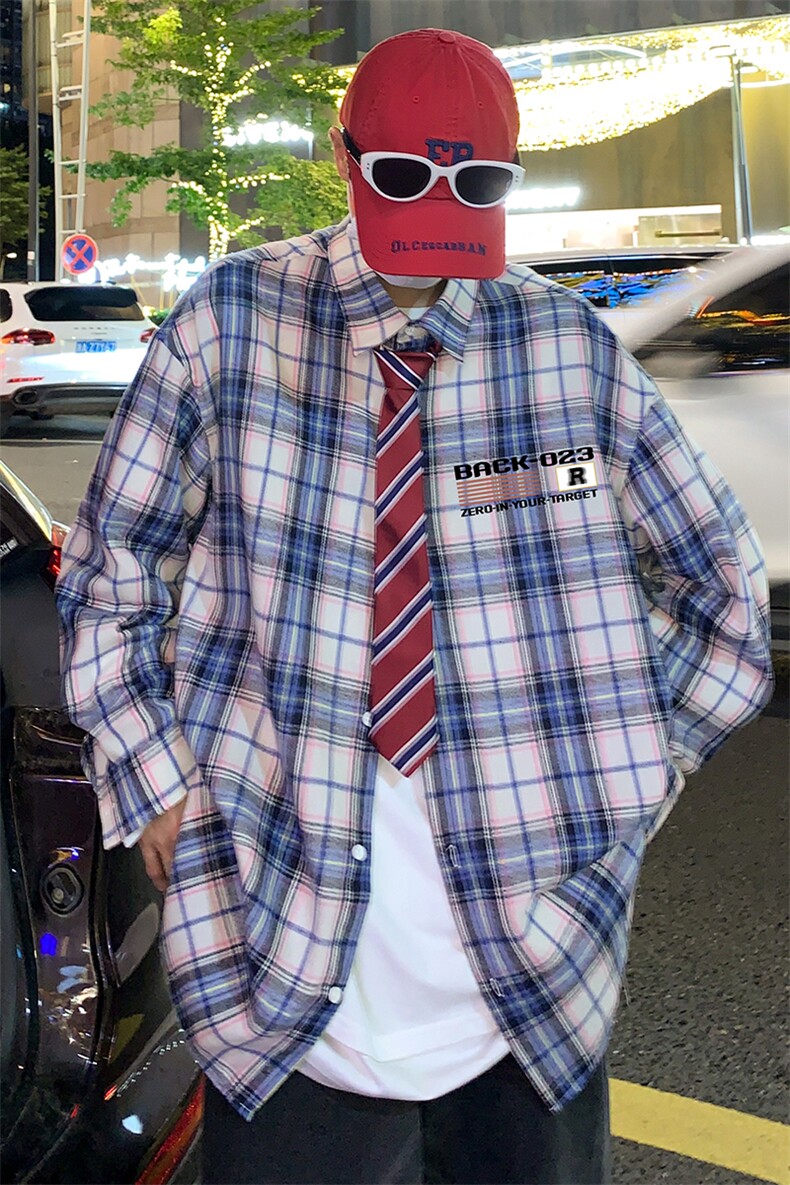 港风新款秋季时尚百搭美式宽松格子衬衫外套S681P38控58,男装衬衫,电商A268A