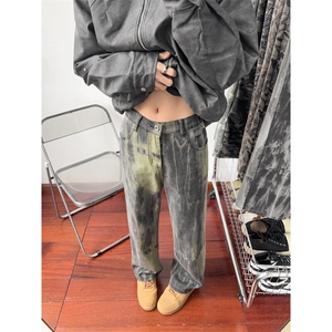 B221 美式ins高街暗黑宽松直筒迷彩花牛仔裤LK24406-特P45控78图片