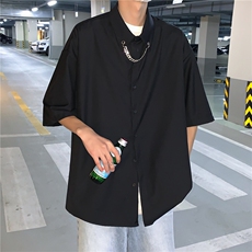 港风大码短袖纯色衬衫青年男生ins宽松情侣衫B299-X5275-P45限65，男装T恤，电商A061-1