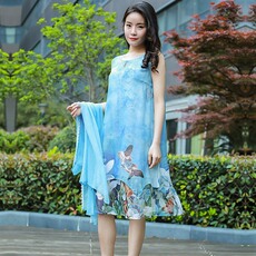真丝二件套时尚新款100%桑蚕丝连衣裙修身显瘦气质中长款印花299，商品下架区，媚琳依坊