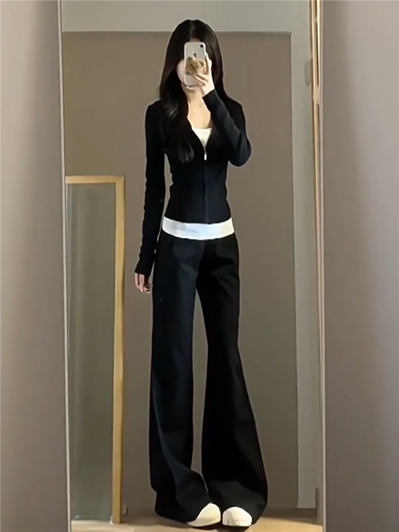 韩版时尚修身显瘦套装女秋款连帽开衫外套内搭背心阔腿长裤三件套,女装套装/套裙,江南