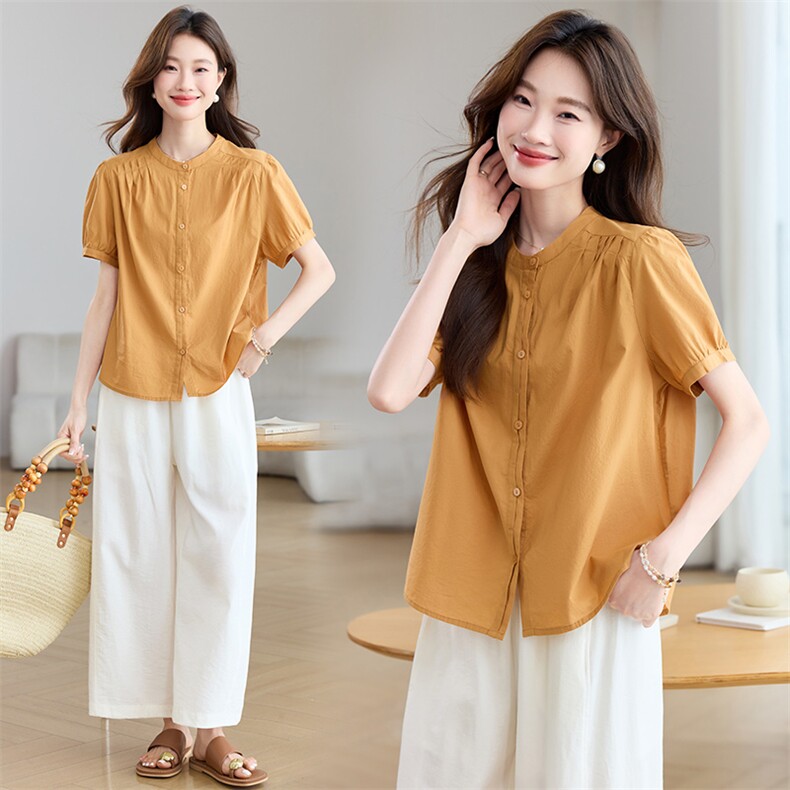 纯棉短袖衬衫女夏季2025年新款中年妈妈宽松休闲减龄百搭圆领上衣，女装套装/套裙，木子恋