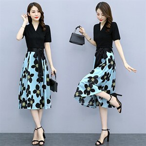 2022夏季新款简约时尚优雅气质V领个性蝴蝶结系带装饰两件套裙,女装套装/套裙,岚衣(原川流布茜）