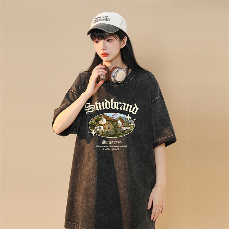 中性风夏季水洗美式做旧蜡染短袖T恤男女几何字母印花2024新款潮,男装T恤,电商C306-1