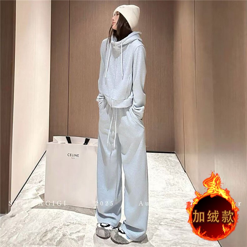 气质简洁休闲套装女秋冬新款韩系连帽卫衣直筒长裤显高显瘦两件套,女装套装/套裙,江南