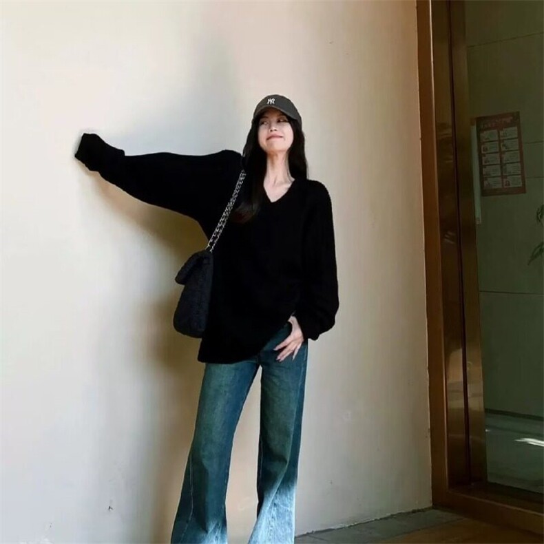 宽松V领黑色毛衣女慵懒风秋冬新款高级松弛感套头针织衫外穿上衣,针织衫/毛衣,星座506A