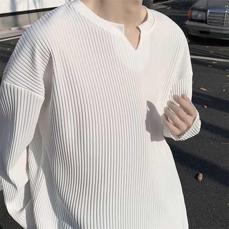 夏季新款港风复古褶皱设计感条纹圆领长袖衬衫男装T恤T253-P35，男装T恤，星座302B-3