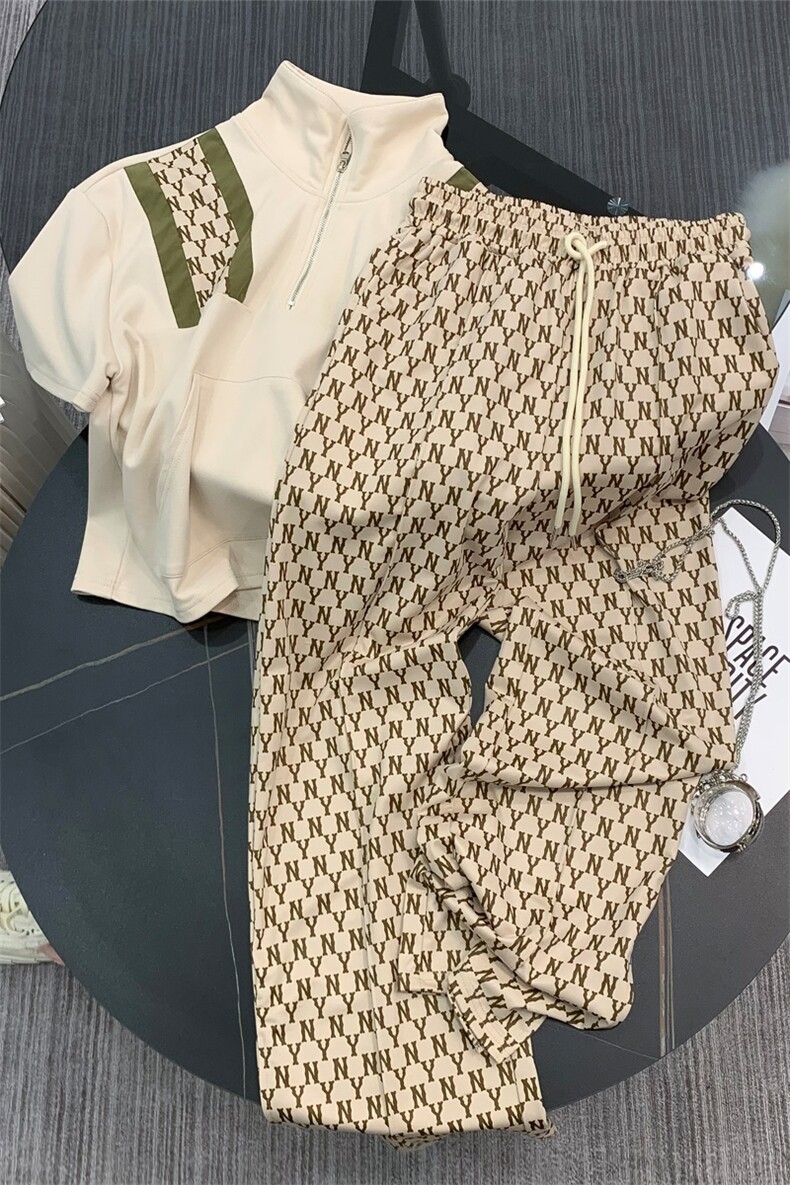 慵懒风时尚运动套装女夏季新款显瘦翻领短袖上衣阔腿长裤两件套潮,女装套装/套裙,江南