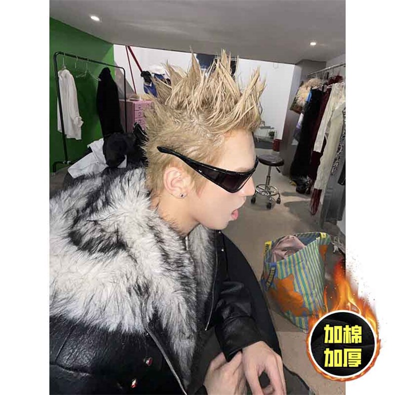 现货冬季美式潮牌痞帅PU皮机车服棉衣毛毛绒狼王座山雕皮棉服,男装棉衣,电商A486-1