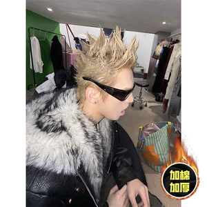 现货冬季美式潮牌痞帅PU皮机车服棉衣毛毛绒狼王座山雕皮棉服图片