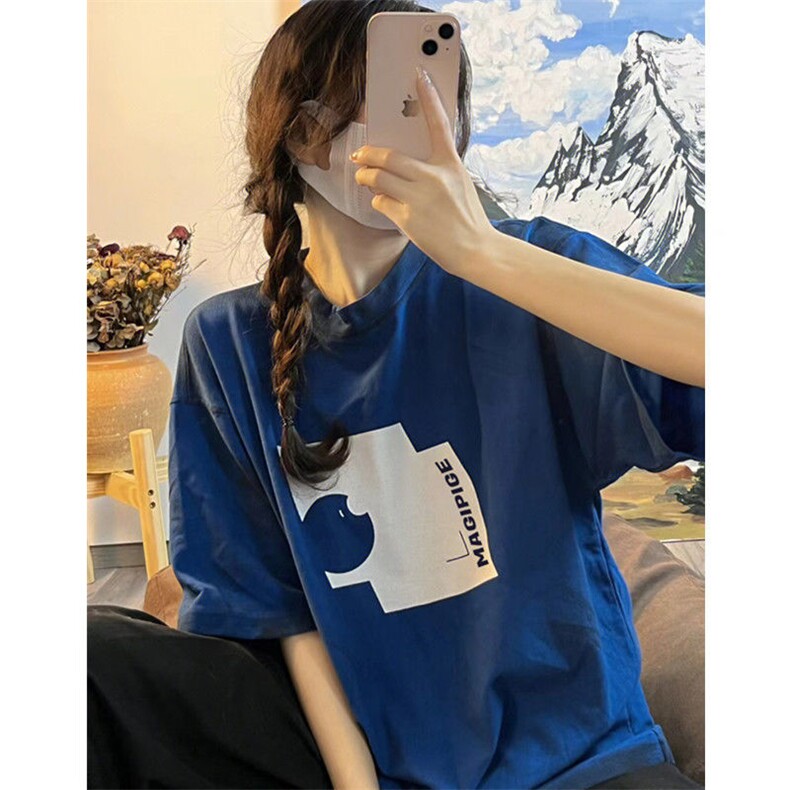 T0657-P25 克莱因蓝超显白纯棉印花短袖  男女款文艺小众上衣图片