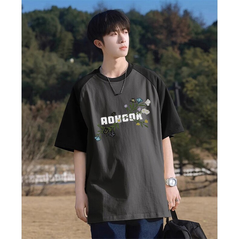 抖音得物高品质二开240克宽松纯棉美式潮牌插肩袖拼接短袖T恤，男装T恤，电商A486-1