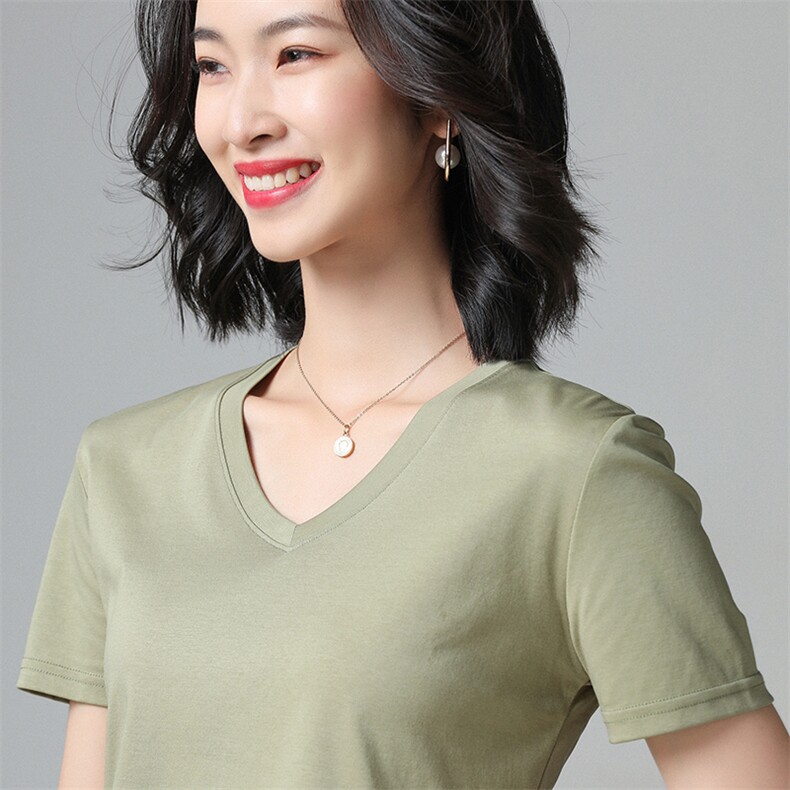 2025夏季丝光棉T恤半袖圆领背心V领汗衫凉爽丝滑短袖,女装T恤,纳丰羊绒