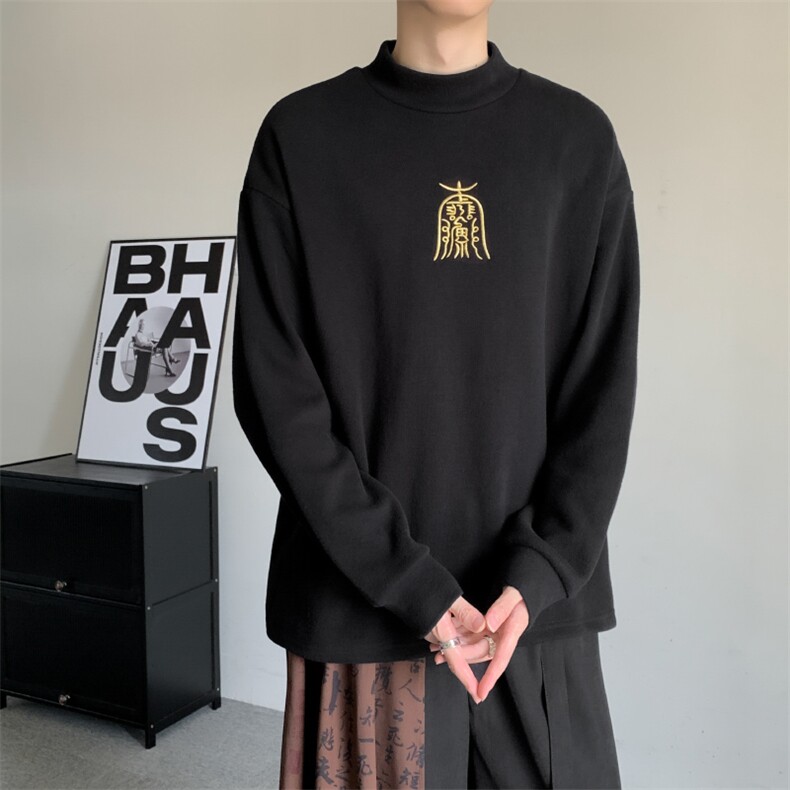 秋季2024中式风刺绣半高领卫衣男士打底衫加肥加大码长袖卫衣图片