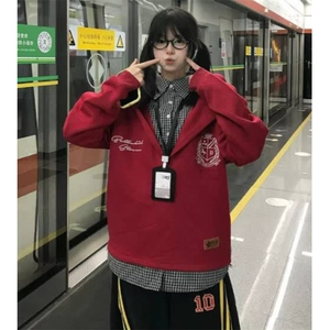 潮牌情侣美式条纹拼接假两件翻领长袖宽松POLO衫t恤卫衣Y1811图片