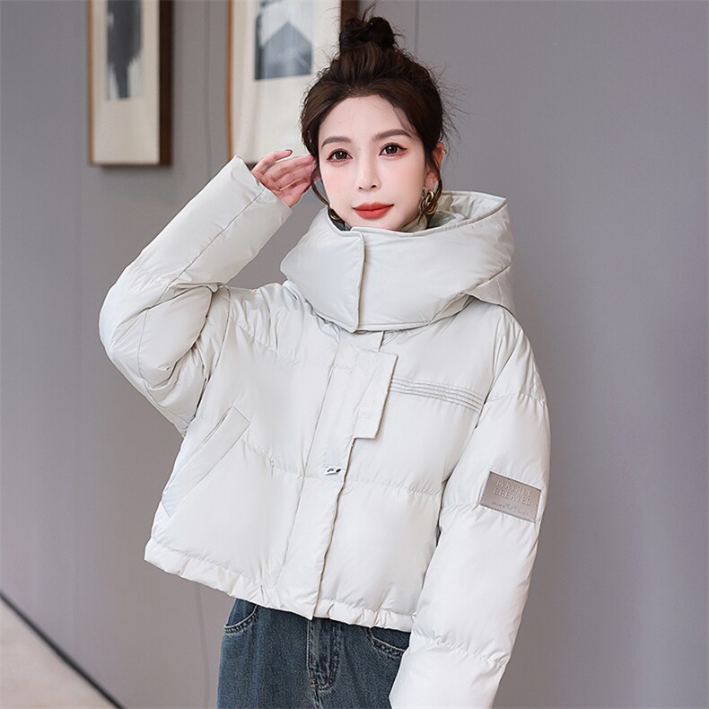 2024冬季新款短款面包服时尚白鸭绒加厚立领拼色羽绒服外套,女装羽绒服,卡杰菲