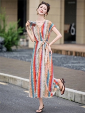 度假风条纹印花连衣裙女2025夏新款时尚V领钉珠绑带收腰气质长裙，女装连衣裙，韩宇舍