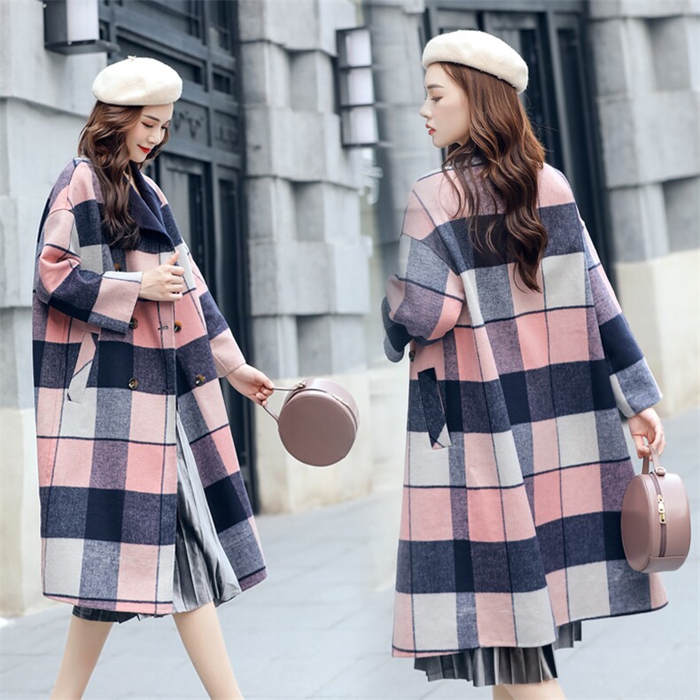 双面羊绒大衣秋冬装宽松小清新格子80%羊毛呢外套，女装毛呢外套，美吧服饰