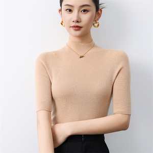 羊毛衫女半高领金银丝针织短袖弹力内搭薄打底衫图片