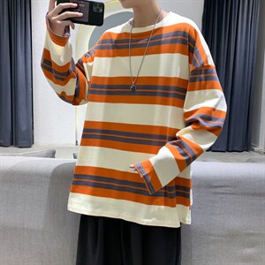 秋季新款t恤男长袖条纹2021上衣宽松圆领ins帅气体恤TX02P45,男装T恤,电商D325