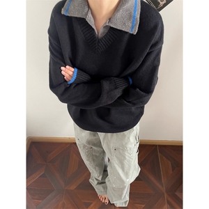 春秋美式潮牌假两件翻领毛衣男重磅宽松休闲百搭情侣打底上衣图片