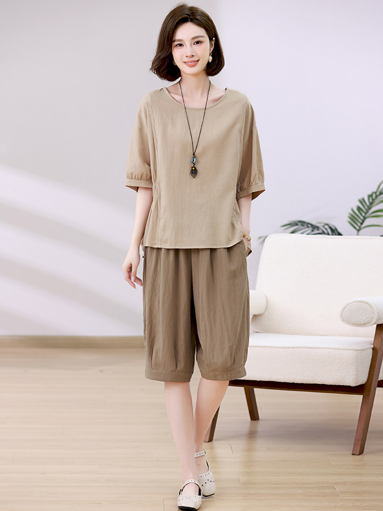 棉麻套装女2025夏装新款时尚宽松休闲大码显瘦中年妈妈减龄两件套,女装套装/套裙,忆绮罗