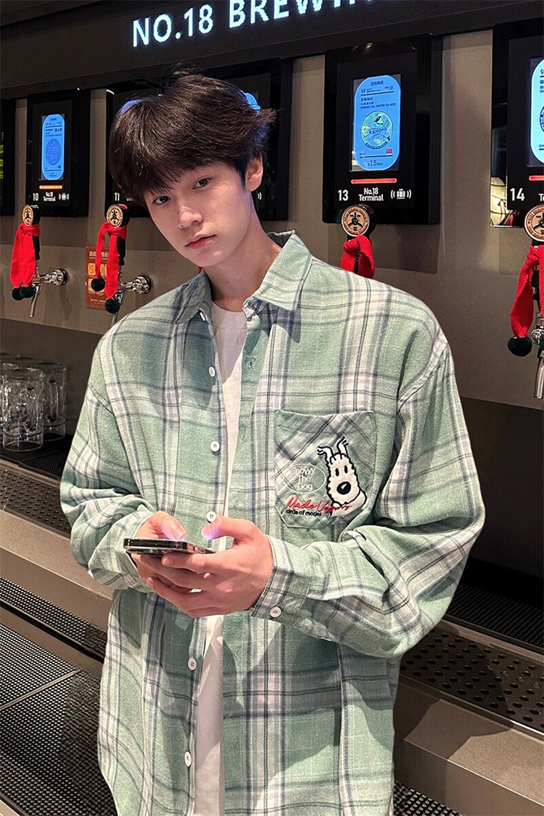 8XL-M小狗格子衬衫男长袖2025春情侣款寸衣宽松衬衣CS519P58控78,男装衬衫,电商D206-1