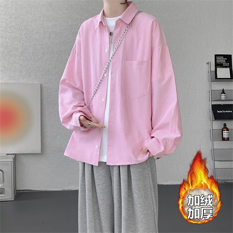 加绒衬衫男冬季新款港风宽松条纹加厚保暖长袖衬衣JR89-P39，男装衬衫，星座214-3