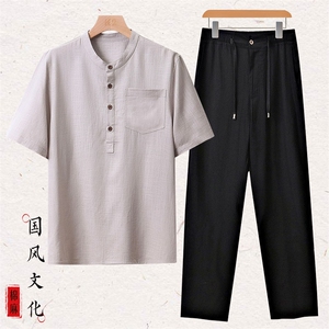 主推现货 夏季男士中年风亚麻短袖T恤中老年棉麻衬衫上衣图片