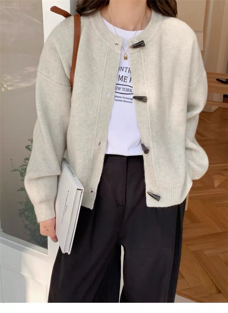 气质高级慵懒牛角毛衣开衫秋冬新款韩系宽松复古百搭针织外套上衣，女装针织衫/毛衣，思途羊绒