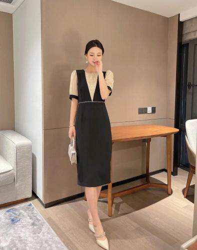 手工定钻拼色连衣裙，女装连衣裙，AL·艾琳