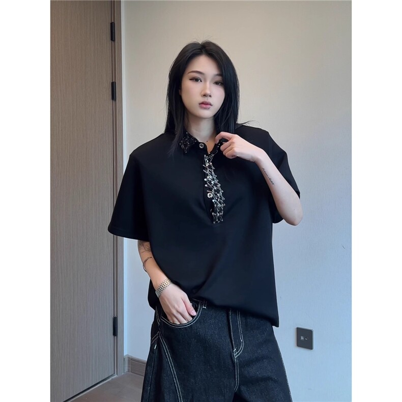 小众设计感短袖男女款夏季穿搭正肩小香风半袖翻领格子polo衫图片