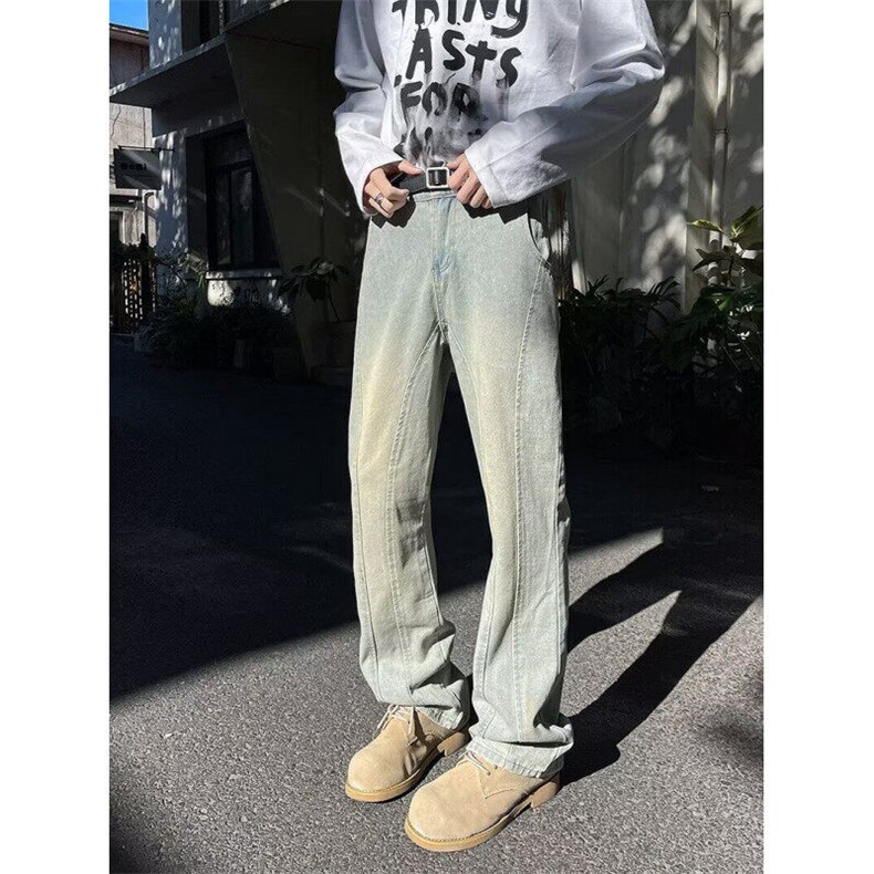 拼接复古牛仔裤男春夏季痞帅裤子高个子弯刀微喇裤潮N804,男装牛仔裤,星座1116A-1（原606A）