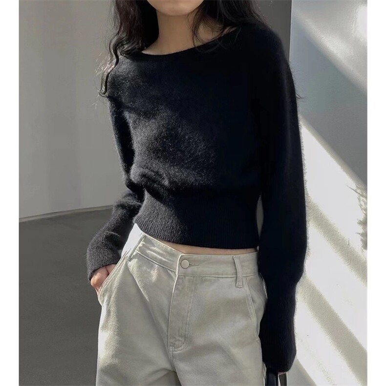 气质高腰短款针织衫女秋冬宽松显瘦小个子毛衣圆领羊毛打底衫,针织衫/毛衣,千御纺羊绒