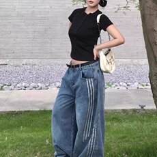 美式解构弯刀牛仔裤女设计感三条杠条纹拼接阔腿长裤N0257-P55，男装牛仔裤，星座308B-2