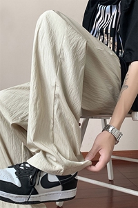 简约休闲风宽松垂感直筒裤男女松紧腰长裤卡其色K72052-特价P40图片