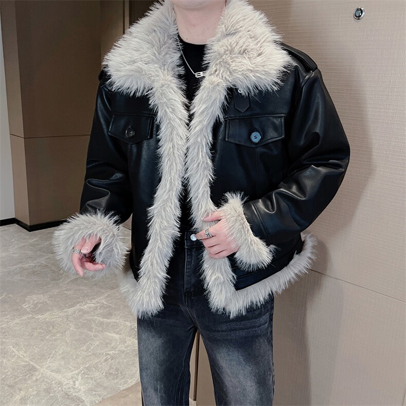 冬季网红高级感韩系加棉毛领潮牌皮毛一体棉衣男毛毛皮衣M135P175,男装皮衣,电商B267