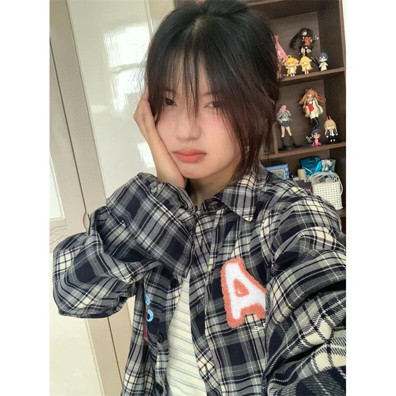 格子衬衫女春秋季美式设计感小众叠穿衬衣外套长袖上衣C46,男装衬衫,星座1116A（原606A-3）