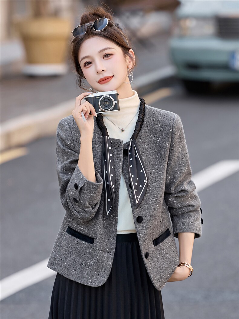 独特漂亮蝴蝶结系带毛呢外套女2025秋冬新款气质百搭显瘦短款上衣,女装短外套,罗腾