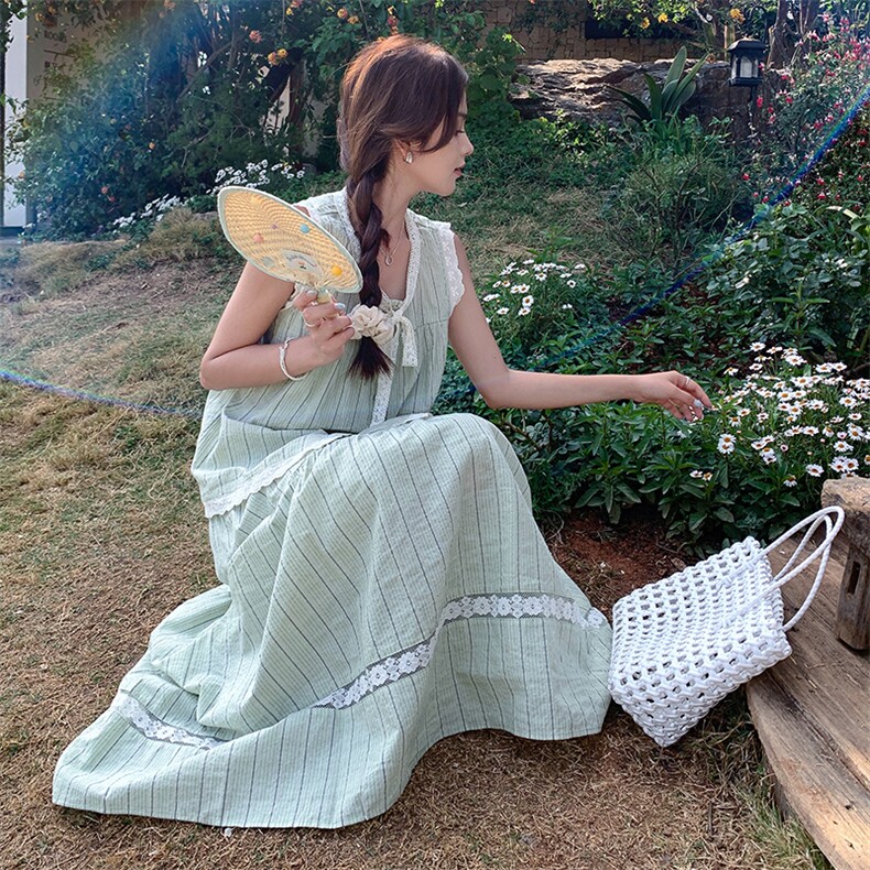 绿色氛围感减龄条纹套装裙女蕾丝边上衣2025夏季新款半身裙两件套,女装套装/套裙,含赞