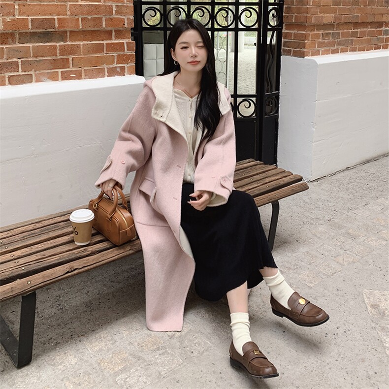 现货粉色甜美气质连帽双面羊毛大衣2C212-G02-P325-K428，女装毛呢外套，2C212