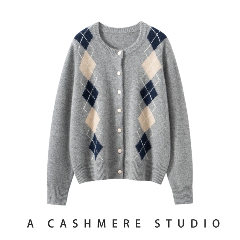 2025年秋季时尚百搭通勤简约休闲菱形格开衫，女装羊绒衫，戎叶云台