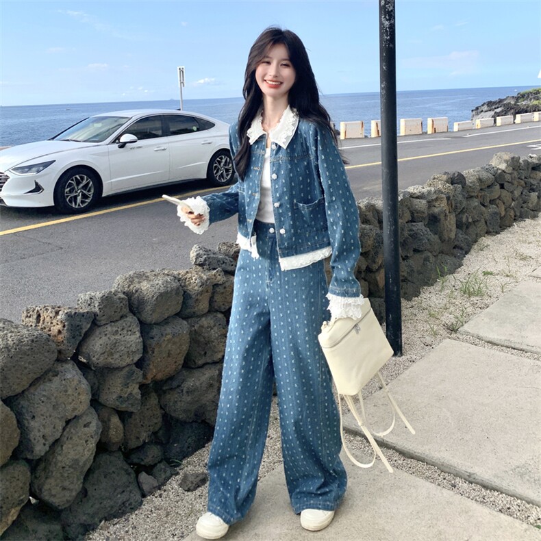 蓝色蕾丝花边牛仔衬衫套装女2025秋季新款学院风休闲阔腿裤两件套,女装套装/套裙,2C198