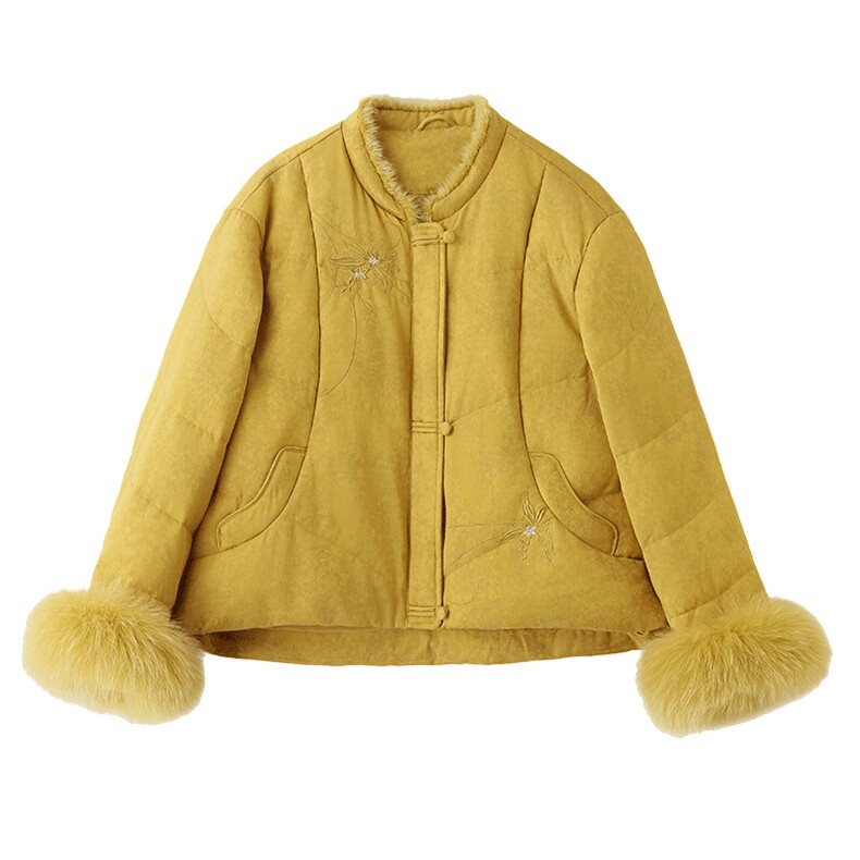 新中式立领羽绒服女2025冬季新款巨好看刺绣大毛领白鸭绒外套,女装羽绒服,丽影随形