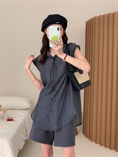 防晒套装女薄款欧洲站夏季2022新款欧货衬衫阔腿短裤两件，女装职业装，香丽迪1