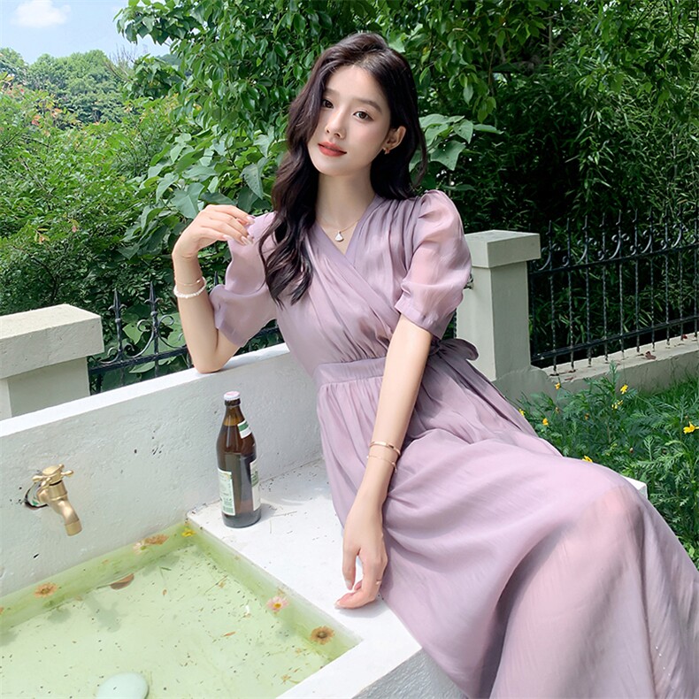 紫色轻熟风V领收腰显瘦连衣裙女2023夏季新款法式气质感桔梗长裙,女装连衣裙,一九零