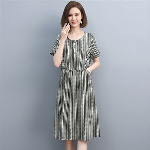 2021夏季新款简约时尚圆领拼接休闲舒适条纹连衣裙,女装连衣裙,丽影随形